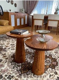 Resim Ahşap Mantar Sehpa 3 Lü Set Açık Ceviz Masif Doğal Fiskos Sehpa Ve Zigon Takımı - Çiçeklik - Wood Açık Ceviz 