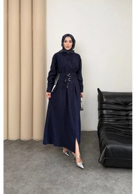 Resim Mihran Butik Valeno Model Coupra Model Kumaş Kemer Detaylı Elbise Lacivert 