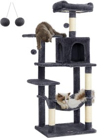 Resim Feandrea PCT161G01 tırmalama ağacı, 143 cm yüksekliğinde, kedi ağacı, çok katlı kedi evi, 4 tırmalama sütunu, 2 platform, hamak, mağara, duman grisi Outlet 