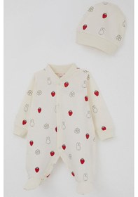 Resim Breeze Kız Bebek Patikli Tulum Sevimli Tavşancık & Çilek Desenli 0-6 Ay, Ekru Ekru 