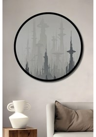 Resim Fütüristik Şehir Manzarası Dijital Baskı Ahşap Tablo Yuvarlak Duvar Tablosu Çerçeve Görünümlü--- 30 X 30 