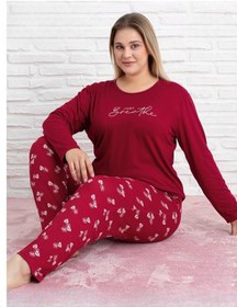 Resim Pijamoni Kadın Milan Büyük Beden Bisiklet Yaka Uzun Kol İnce Pijama Takımı 7666/29 - 1 Adet Kırmızı 