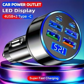 Resim 6 Portlu Araç Şarj Adaptörü, 4 USB ve 2 Tip-C Portu Dahil, QC3.1, Evrensel, Dişi-Erkek Bağlantı Noktası, Araç Fiş Güç Modu, ≤36V Çalışma Voltajı, Pil Yok - Hızlı Şarj Araç Telefon Şarj Cihazı 