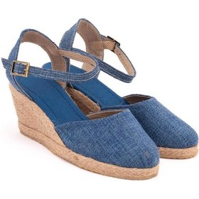 Resim Star Tombis Gerçek Elişi Topuğu Açık Bilekten Bantlı Dolgu Topuk Keten Hasır Espadril Handmade Mavi 