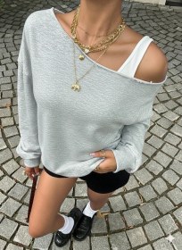 Resim Afri Kadın Gri Oversize Sweatshirt Sokak Stili, Rahat Kesim Gri Melanj 