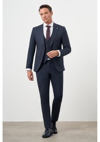 Resim Morven Erkek Lacivert Poliviskon Trend Yelekli Çizgili Desen Slim Fit Sivri Yaka Takım Elbise Lacivert 