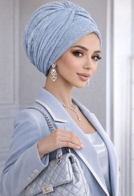 Resim Aişe tesettür Bebe Mavi Işıltılı Burgu Detaylı Abiye Bone 