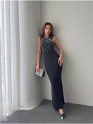 Resim ARONA MDB Kadın Omuz çoklu Askılı önü Taş Işlemeli Balık Kesim Janjan Krep Maxi Boy Elbise 