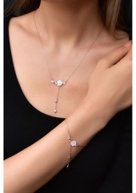 Resim Papatya Silver 925 Ayar Gümüş Rose Kaplama Zincir Sallantılı Taşlı Sedef Manolya Çiçeği Kolye ve Bileklik Set 