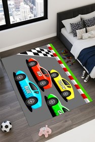 Resim Kessy Home Studio Ralli Arabalar Desenli Eğlenceli Oyun Halısı Yıkanabilir Kaymaz Taban Çocuk Odası Halısı 5 