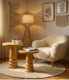 Resim AYLESA Doğal Ahşap 2’li Set Mantar Yan Sehpa Modern Fiskos Zigon Çiçeklik 