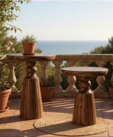 Resim ASELYA HOME Doğal Ahşap 2’li Set Mantar Yan Sehpa Modern Fiskos Zigon Çiçeklik 