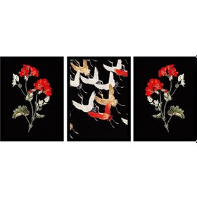 Resim Leylekler Ve Çiçekler Üçlü Çerçeveli Cam Tablo Seti-172091 