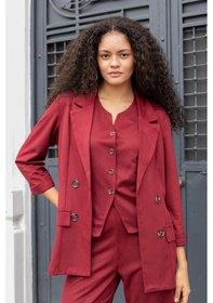 Resim Kadın Süet Dokulu Kumaş Yakalı Capri Kol Cep Kapaklı Blazer Ceket-bordo Bordo 