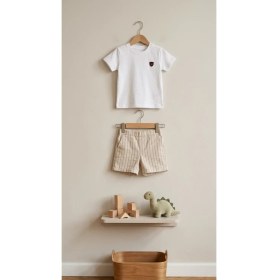 Resim Ayda Kids Wear Erkek Bebek Beyaz Tişört Çizgili Şort Takım Yazlık 2’li Set (9 Ay-3 Yaş) 