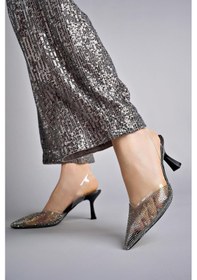 Resim Muggo Juliet Garantili Kadın Sivri Burun Parlak Taşlı Arkası Açık Şeffaf Bantlı Topuklu Ayakkabı 001 