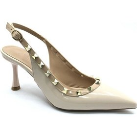 Resim Feles Zımba Şerit Detaylı Arkası Açık Stiletto Kadın Topuklu Ayakkabı Ten 