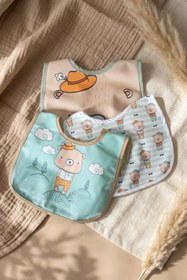 Resim Bebechi Little Gentleman Serisi 3'lü Lüks Pamuklu Bebek Mama Önlüğü - Mint Yeşili Ve Bej Ayıcık Desenli Sıvı 