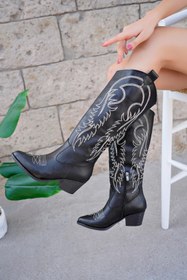Resim bakacstore Western kadın Siyah Deri Beyaz Nakışlı Fermuarlı Uzun Kovboy Çizme 