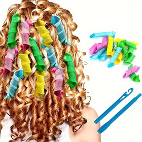 Resim 18 Parça Isı Gerektirmeyen Dalgalı Bukleler Spiral Kıvrımlar Şekillendirme Kiti Isı Gerektirmeyen Saç Dalgalayıcı Spiral Bukleler Ruloları ve 1 Adet Şekillendirme Kanca ile Çoğu Saç Modeli İçin 