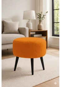 Resim Waterybrook Yuvarlak Puf Welsoft Kumaş Siyah Ahşap Ayaklı - Makyaj - Yatak Ucu - Dekoratif Oturma Pufu Turuncu 