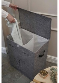 Resim Deri Detaylı 2 Gözlü Çamaşır Sepeti, 53 X 33 X 60 Cm, 105 Litre Gri 