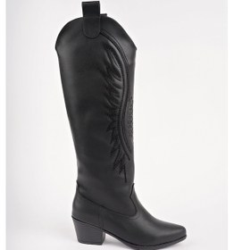 Resim Muggo Rodeo Dikiş Detaylı Kalın Topuklu Kovboy Kadın Çizme siyah 