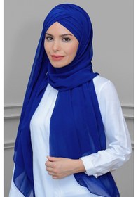 Resim Hürrem Bone Saks Mavisi Pratik Hazır Geçmeli Bone Şal Şifon Kendinden Boneli 