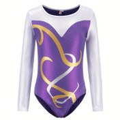Resim Kızlar için Uzun Kollu Leotard, Parıldayan Renk Bloğu Jimnastik Kostümü, Yüksek Esneklikli Polyester ve Spandex, Nefes Alabilen Örgü Kumaş, Denizli Yaka Boyun, Sporlar için Dar Kesim, Bahar/Yaz - Mor, Dış Mekan için 