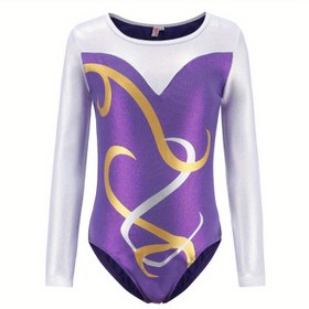 Resim Kızlar için Uzun Kollu Leotard, Parıldayan Renk Bloğu Jimnastik Kostümü, Yüksek Esneklikli Polyester ve Spandex, Nefes Alabilen Örgü Kumaş, Denizli Yaka Boyun, Sporlar için Dar Kesim, Bahar/Yaz - Mor, Dış Mekan için 