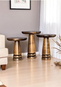 Resim ASELYA HOME Doğal Ahşap 3’lü Set Mantar Yan Sehpa Modern Fiskos Zigon Çiçeklik 