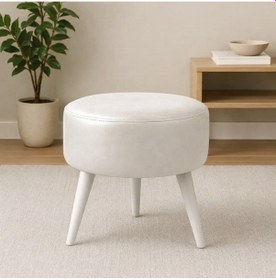 Resim Waterybrook Suni Deri Puf - Ahşap Beyaz Ayaklı - Retro Modern Tasarım - Oturma Ve Dekoratif Sehpa Ekru 