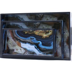 Resim Mavi Desenli Ahşap Tepsi Orta Boy 