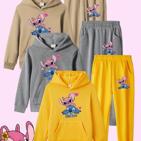 Resim Üç Takım Kız Çocukları için Tatlı Disney Stitch ve Melek Şapka Kazak + Pantolon Takımı, Okula Dönüş Sezonu, Tatil, Spor ve Seyahat İçin İdeal, Dış Mekan Kullanımına Uygun 