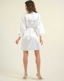 Resim MK MODA ATELİER Kadın Gelin Şık Beyaz Kuşaklı Saten Bride Nakışlı Mini Sabahlık 
