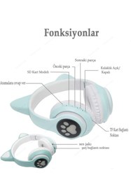 Resim TEKNETSTORE Kablosuz Kedi Kulaklık Işıklı Kulaküstü Mikrofonlu Bluetooth Hafıza Kartı Girişli Çocuk Kulaklığı Wireless 