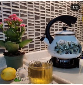 Resim Zeytin Dekor Vintage Emaye Düdüklü Kettle Demlik 2,4 Litre Yeşil 