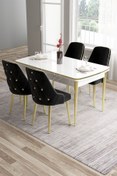 Resim Canisa Tia Serisi 80x132 Açılabilir Mdf Gold Detay Beyaz Masa Takımı Ve 4 Siyah Sandalye 