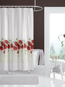 Resim Tropik Home Gelincik Desen Kırmızı Banyo Perdesi-tek Kanat Duş Perdesi, 180x200 Cm C Halkalı Küvet Perdesi 