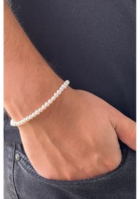 Resim 4,5 Mm Doğal İnci Sıralı Erkek Bileklik 20 Cm / Beyaz Gümüş 