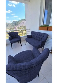 Resim Azra Mobilya Çay Seti Koltuk Takımı - Keten Kumaş-ahsap - Ofis Koltuğu-balkon Koltuğu - Mavi Mavi 