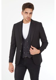Resim Sposo 5139 Ekose Yelekli Dar Kalıp Siyah Erkek Blazer Ceket Siyah 
