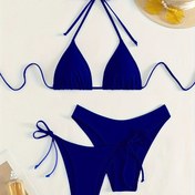 Resim Yeni Yaz Koyu Mavi Seksi Moda Kadın Bikini Seti 3 Parça Şort & Üst & Şort 
