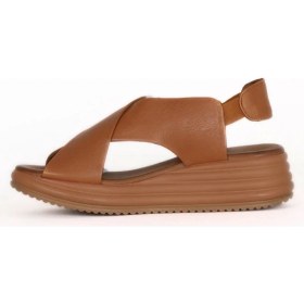 Resim Bueno Shoes Taba Koyu Deri Kadın Dolgu Topuklu Sandalet 