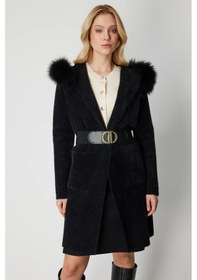 Resim On Kadın Yakası Kürklü Peluş Hırka 63911 Siyah Siyah 