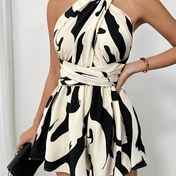 Resim Kadınların Şık Baskılı Straplez Jumpsuit ile Çapraz Bağlı Bel - Siyah ve Beyaz Polyester, Bahar/Yaz için Mükemmel, Rahat Stil, Yetişkin Modası, Rahat Jumpsuit | Şık Kolsuz Jumpsuit | Polyester Kumaş 