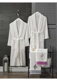 Resim Aile Bornoz Seti Havlulu 4lü Set Krem Krem - Krem 