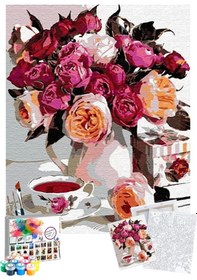 Resim Sayılarla Boyama Seti 40 x 50 CM Tuval Şasesine Gerili Pembe Kamelyalar 