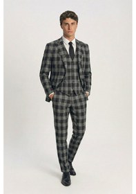 Resim Sabri Özel Giotelli Erkek Siyah Dar Kesim Slim Fit Viskon Dokuma Ekose Normal Bel 8 Drop Yelekli Takım Elbise 