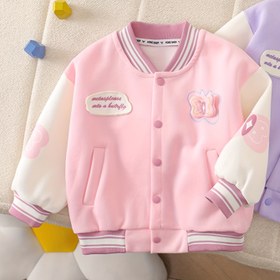Resim 1 Adet Sevimli 3D Kelebek Desenli Renk Bloklu Kız Çocuk Beyzbol Ceketi, Yumuşak Örme Kumaş, Günlük Kullanım, Dış Mekan Aktiviteleri, Seyahat, Okul ve Partiler İçin İdeal – Tatiller, Doğum Günleri veya Okula Dönüş Mevsimi İçin Mükemmel Hediye 